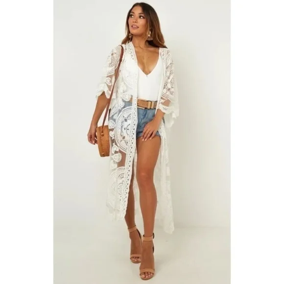 SOLD OUT Scalloped Sheer Mesh Lace Boho Kimono Coverup Wrap - Picture 3 of 7